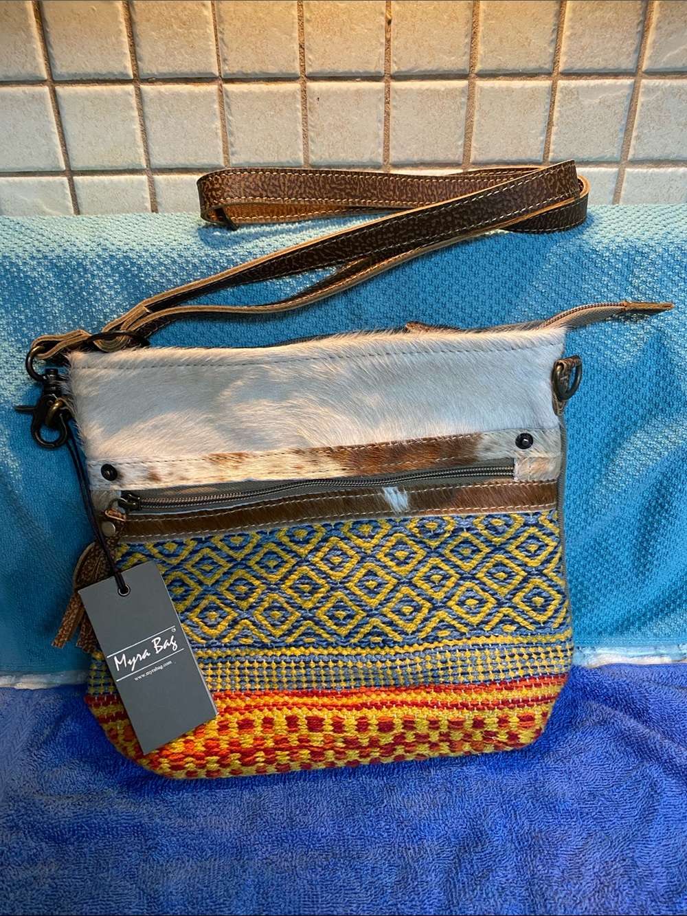 Myra Bag Blue/Yellow/Red Woven & Hair-on-Hide Crossbody